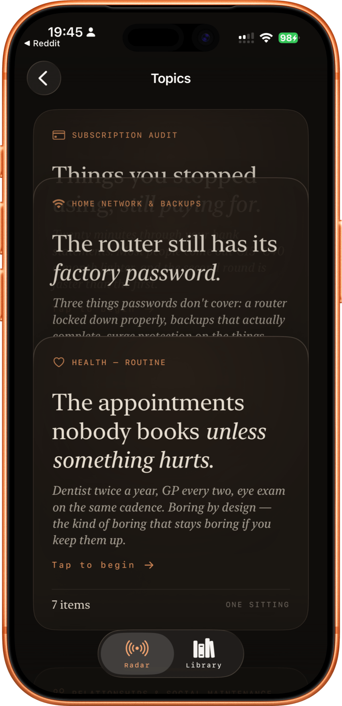 A topic card in Gister, on iPhone — the home-network topic with a short, conversational prompt and a 'Tap to begin' invitation.