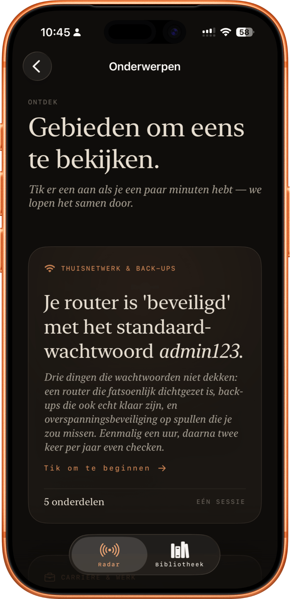 Een onderwerpkaart in Gister, op iPhone — het thuisnetwerk-onderwerp met een korte, vriendelijke vraag en een 'Tik om te beginnen'-uitnodiging.